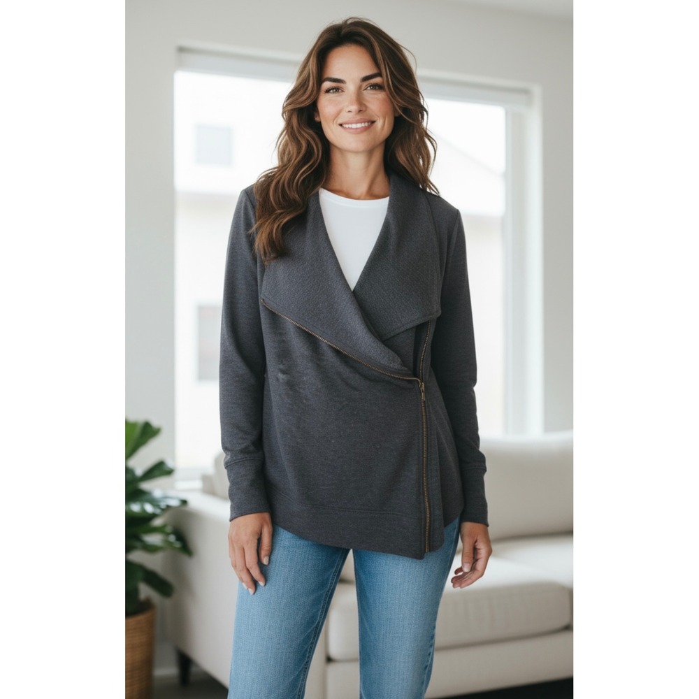 Caslon Womens Gray Asymmetrical Zip Up‎ Funnel Neck Tunic Sweatshirt Medium